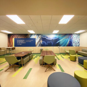 Texarkana College biology building student lounge with tables and chairs